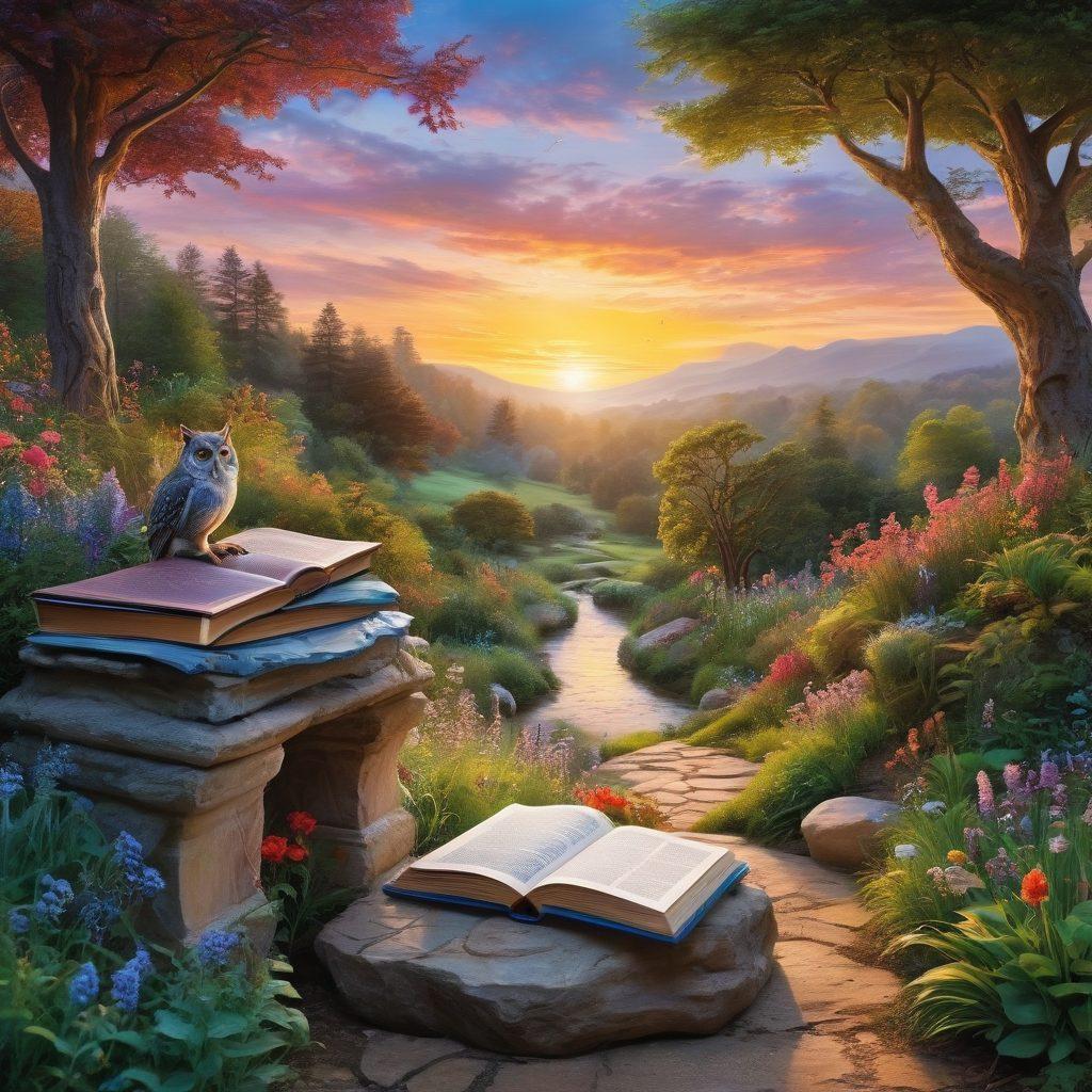 An enchanting landscape showcasing a winding path leading through a vibrant garden filled with diverse flora symbolizing growth and learning. Along the path, illustrations of wise animals, such as an owl and a fox, represent cleverness and wisdom, while a glowing book rests on a stone pedestal, inviting readers to explore knowledge. The sky transitions from dawn to a brighter daytime to signify a journey from potential to achievement. lush colors. fantasy style. vibrant and inviting.