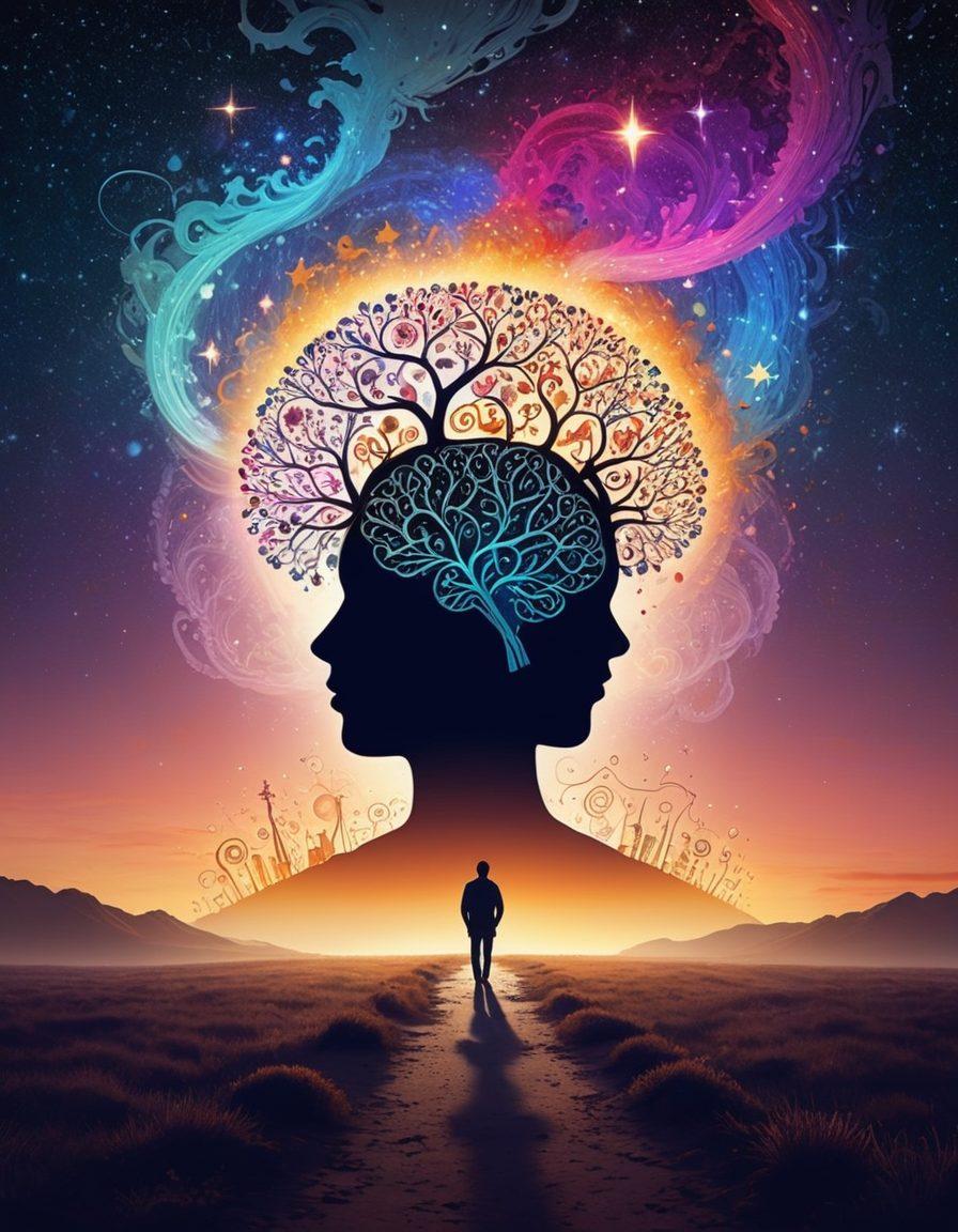 A silhouette of a person standing at the crossroads of knowledge and creativity, with one path illuminated by books and ideas, the other by abstract gears and calculations. The sky transitions from dawn to dusk, symbolizing growth and enlightenment. Elements of a brain and mind maps intertwine with glowing stars to signify intellectual brilliance. Bright, contrasting colors to evoke inspiration and determination. super-realistic. vibrant colors.